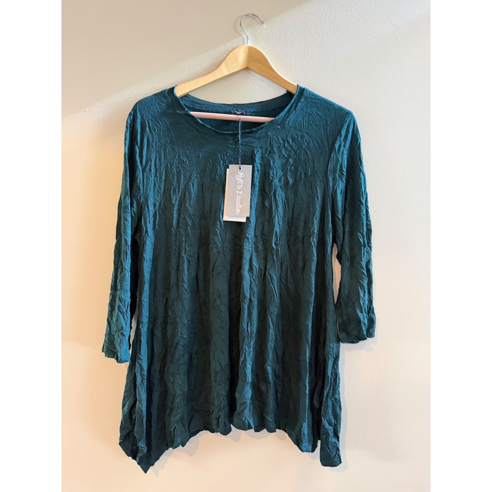Shana Women Olive Green Crinkle Knit Tunic Top 3/4 Sleeve Sharkbite Hem M NWT
